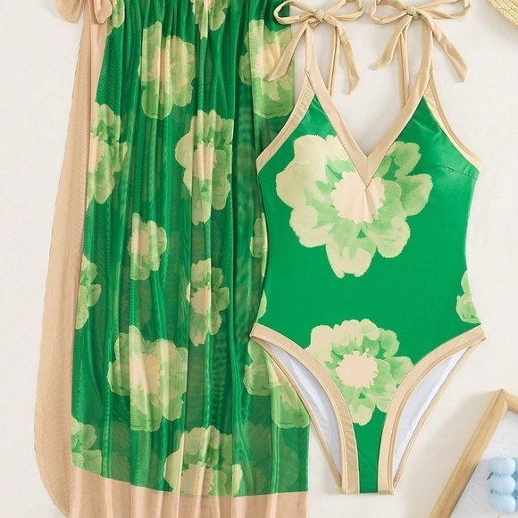 Green Beach Womens Floral Print Tie Shoulder One Piece Swimsuit With Beach Skirt - Picture 6 of 6